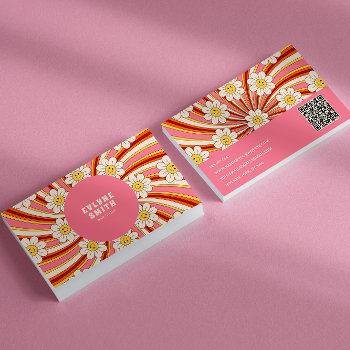 Retro Groovy Pink Colorful  Qr Code 70s Floral  Business Card by marshopART at Zazzle