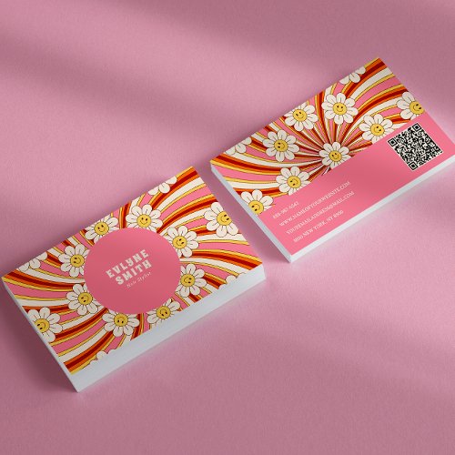 Retro Groovy Pink Colorful  QR Code 70s Floral  Business Card