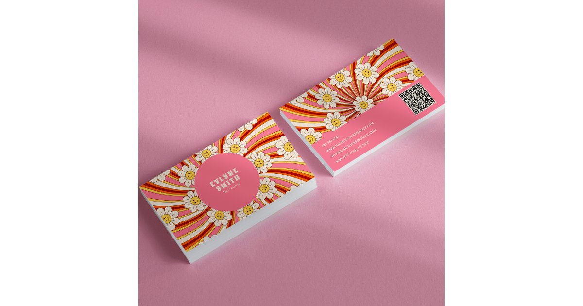 Retro Groovy Pink Colorful QR Code 70s Floral Business Card | Zazzle