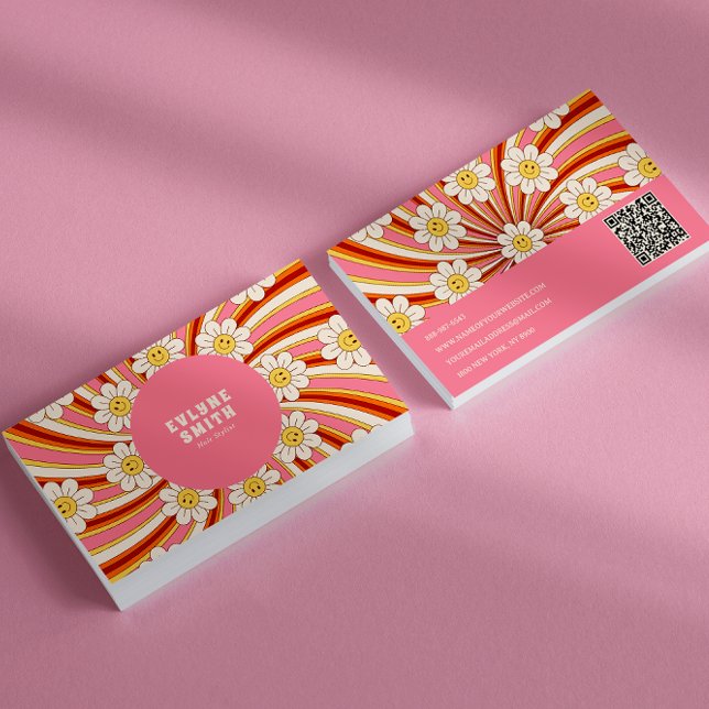 Retro Groovy Pink Colorful  QR Code 70s Floral  Business Card (Creator Uploaded)