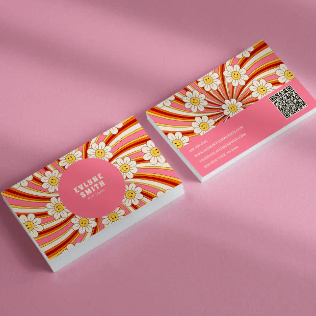 Retro Groovy Pink Colorful QR Code 70s Floral Business Card | Zazzle