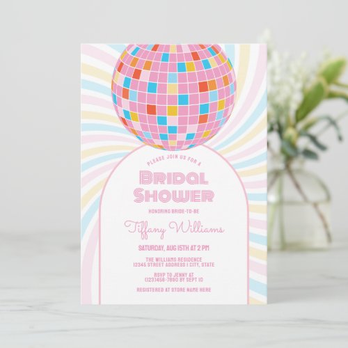 Retro Groovy Pink Disco Ball 70s 80s Bridal Shower Invitation
