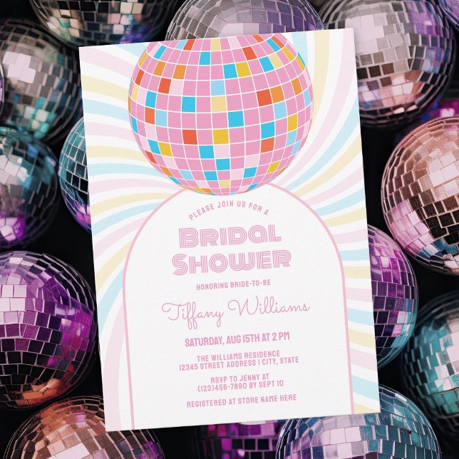 Retro Groovy Pink Disco Ball 70s 80s Bridal Shower Invitation (Creator Uploaded)