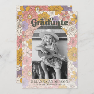 Retro Groovy Pink Floral Arch Kids Graduation Invitation
