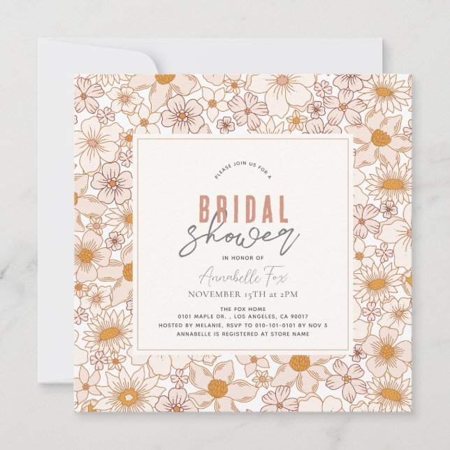 Retro Groovy Pink Floral Bridal Shower Invitation (Front)