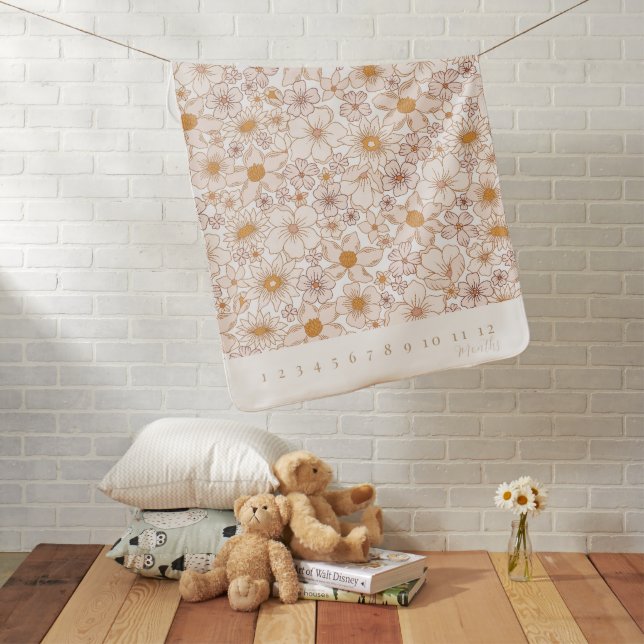 Retro Groovy Pink Floral Girl Milestone Baby Blanket (In Situ)