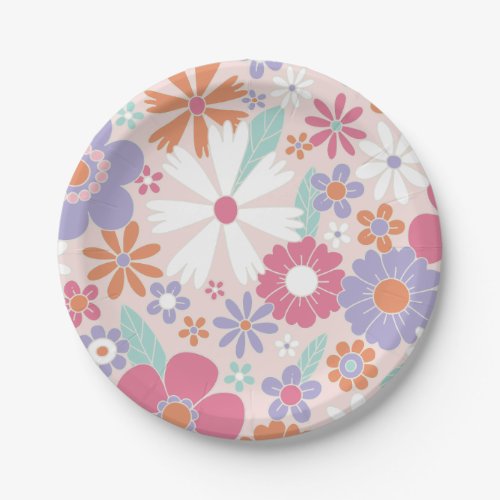 Retro Groovy Pink Floral Paper Plates