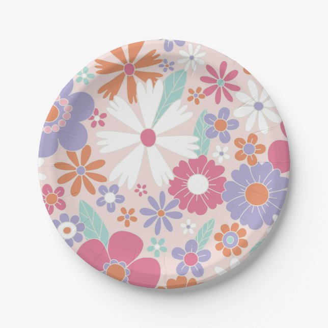 Retro Groovy Pink Floral Paper Plates (Front)