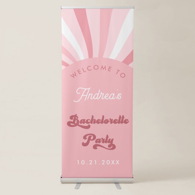 Retro Groovy Pink Girly 70s Bachelorette Welcome Retractable Banner (Front)