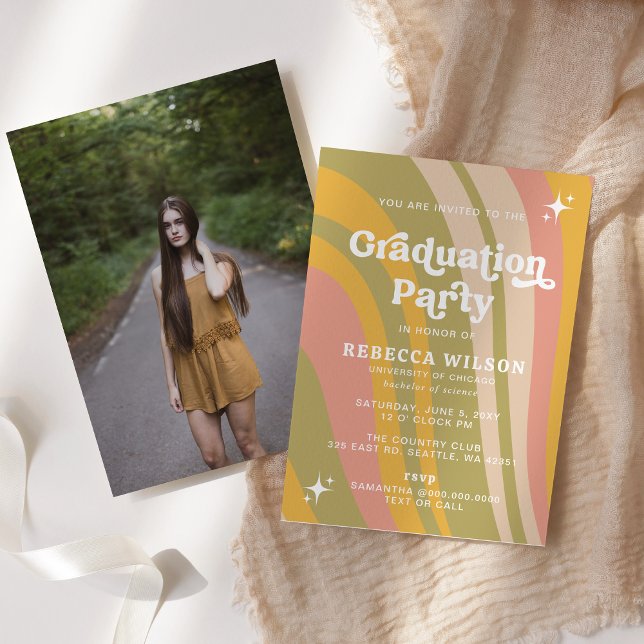 Retro Groovy Pink Green 70s Graduation Party Photo Invitation (Retro Groovy Pink Green 70s Graduation Party Photo Invitation)