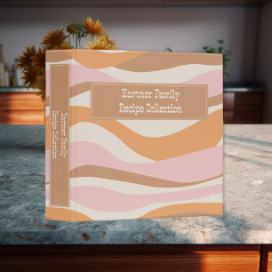 Retro Groovy Pink Orange & Tan Waves Family Recipe 3 Ring Binder