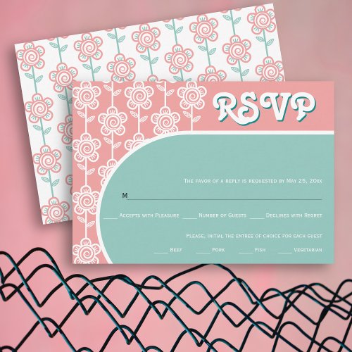 Retro groovy pink_peach and aqua 70s wedding RSVP