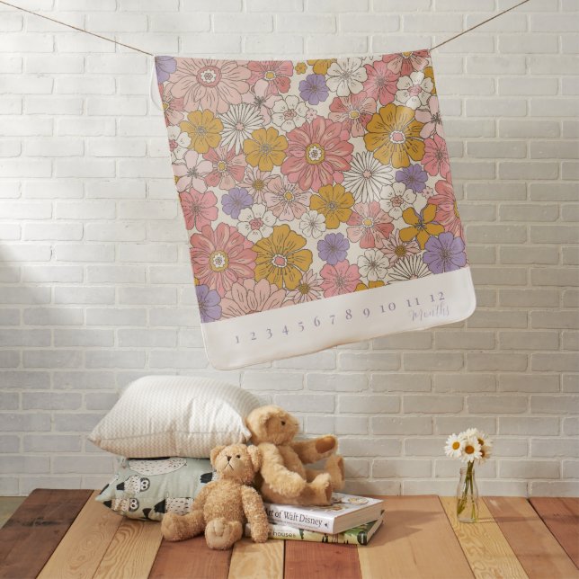 Retro Groovy Pink & Purple Floral Girl Milestone Baby Blanket (In Situ)