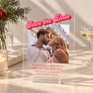 Retro Groovy Pink Red Photo Acrylic Save the Date