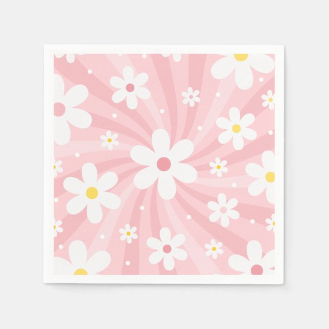 Retro Groovy Pink Sunshine Daisy Floral Hippie Napkins (Front)