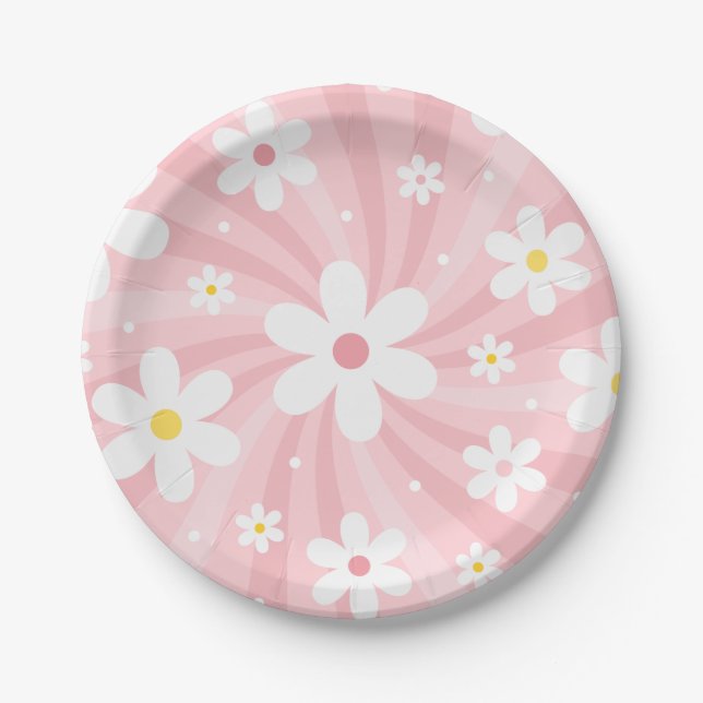 Retro Groovy Pink Sunshine Daisy Floral Hippie Paper Plates (Front)