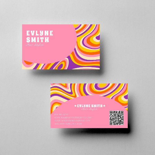 Retro Groovy Pink White QR Code 70s Psychedelic Business Card