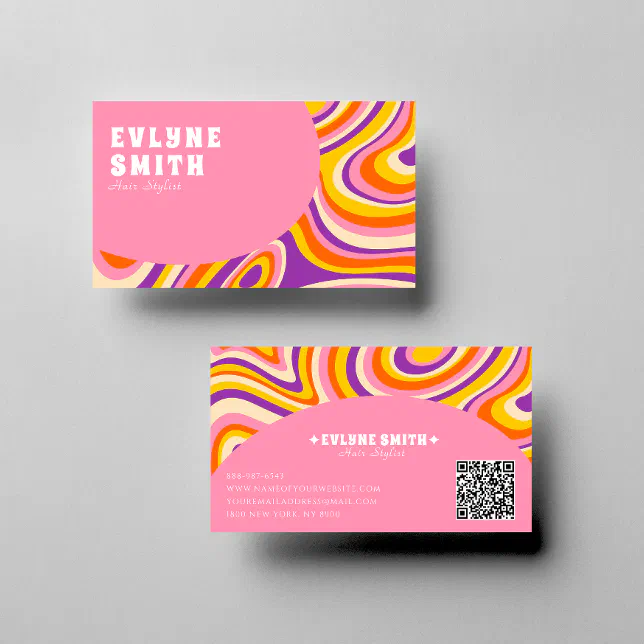 Retro Groovy Pink White QR Code 70s Psychedelic Business Card | Zazzle