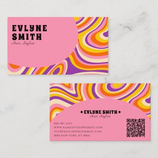 Retro Groovy Pink Yellow QR Code 70s Psychedelic Business Card | Zazzle