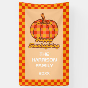 Retro Groovy Plaid Pumpkin Checkered Thanksgiving Banner