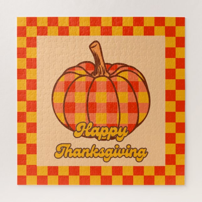Retro Groovy Plaid Pumpkin Checkered Thanksgiving Jigsaw Puzzle (Vertical)