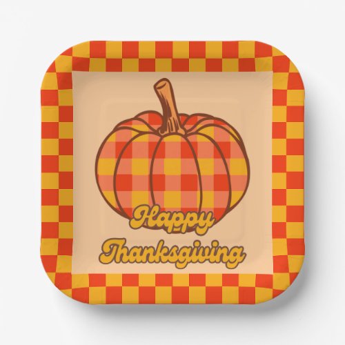 Retro Groovy Plaid Pumpkin Checkered Thanksgiving Paper Plates