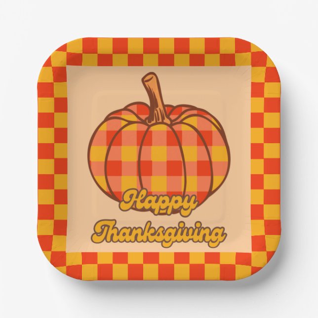 Retro Groovy Plaid Pumpkin Checkered Thanksgiving Paper Plates (Front)