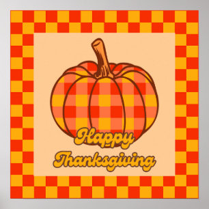 Retro Groovy Plaid Pumpkin Checkered Thanksgiving Poster