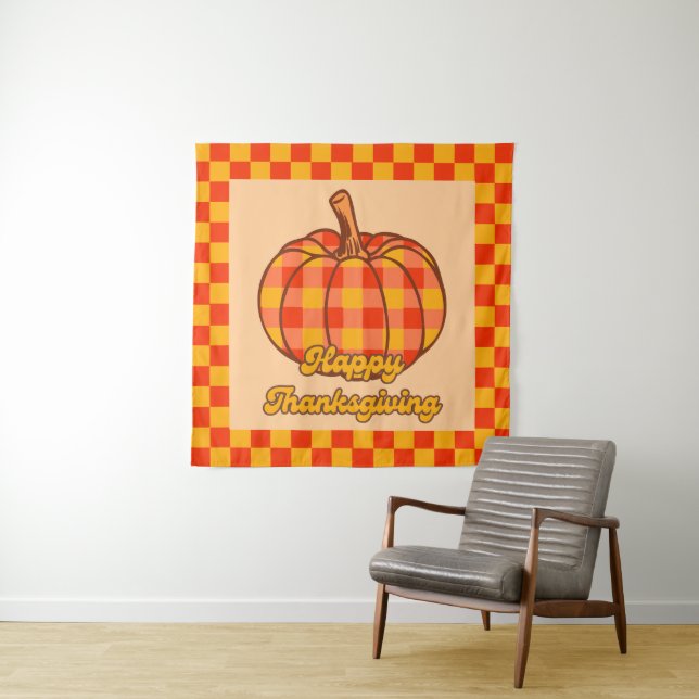 Retro Groovy Plaid Pumpkin Checkered Thanksgiving Tapestry (In Situ)