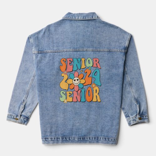 Retro Groovy Proud Mom Senior 2024 Hippie Floral G Denim Jacket