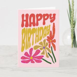 Retro Groovy Psychedelic Flower Pink Red Birthday Card