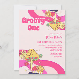 Retro Groovy Psychedelic Mushroom Pink Birthday Invitation