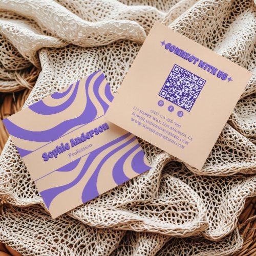 Retro Groovy Purple Abstract with QR Code Square Business Card
