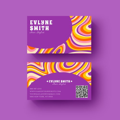 Retro Groovy Purple QR Code 70s Psychedelic Unique Business Card