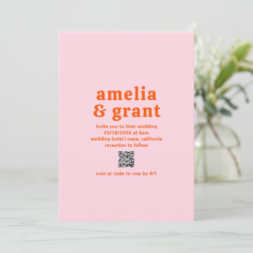 Retro Groovy QR Code Orange Pink Modern Wedding Invitation