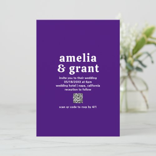 Retro Groovy QR Code Royal Purple Modern Wedding Invitation