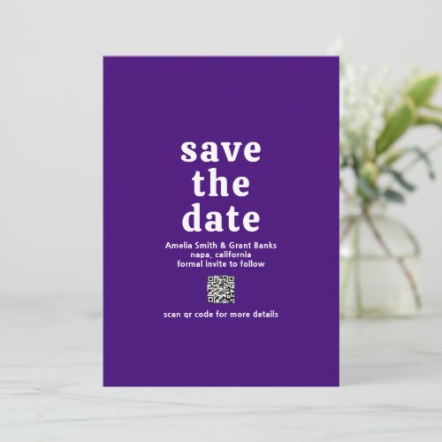 Retro Groovy QR Code Vibrant Royal Purple Wedding Save The Date