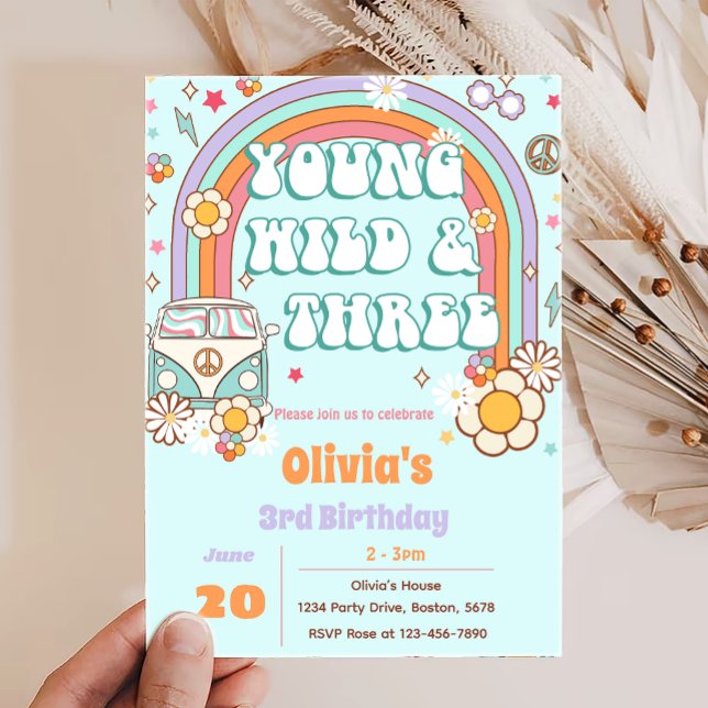 Retro Groovy Rainbow 3rd Birthday Invitation (Creator Uploaded)