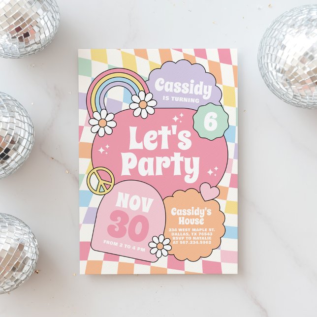 Retro Groovy Rainbow Checker Girl Birthday Invitation (Creator Uploaded)