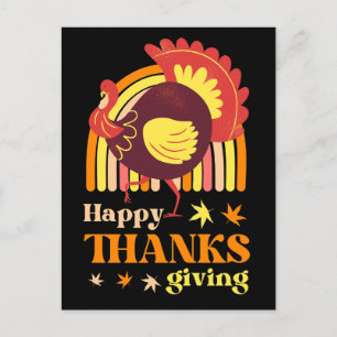 Retro Groovy Rainbow Turkey Black Thansgiving Postcard
