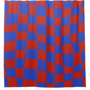 Retro Groovy red blue wavy checkered Pattern Shower Curtain