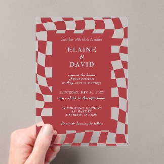 Retro Groovy Red Checkerboard Wedding Acrylic Invitations