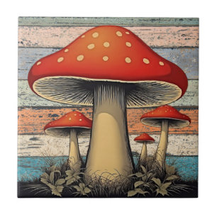Retro Groovy Red Mushroom Rustic Wood Ceramic Tile