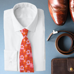 Retro Groovy Red Pink Orange Floral Wedding Gift Neck Tie