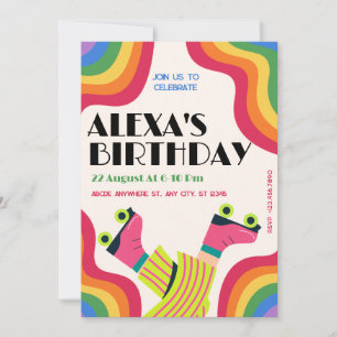 Retro groovy roller skate collorful fun birthday invitation