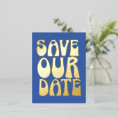 Retro Groovy Save The Date French Blue Gold  Foil Invitation Postcard (Standing Front)