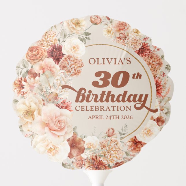 Retro groovy script autumn flowers 30 birthday balloon (Front)