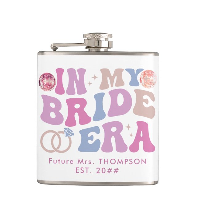 Retro Groovy Script Bride Name In My Bride Era Flask (Front)