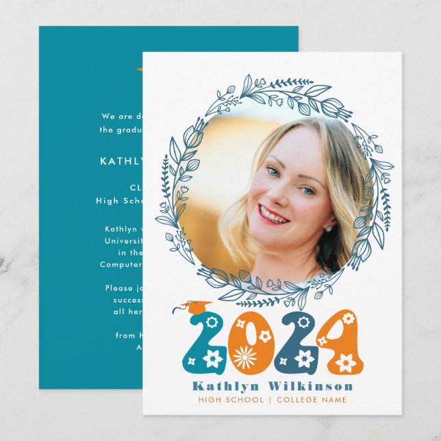 Retro Groovy Script Floral Wreath Photo Graduation Announcement (Front/Back)