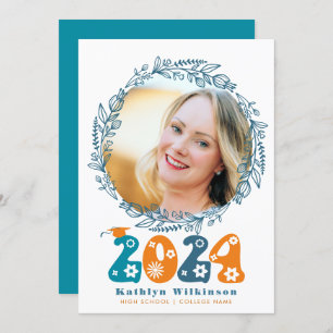 Retro Groovy Script Floral Wreath Photo Graduation Announcement